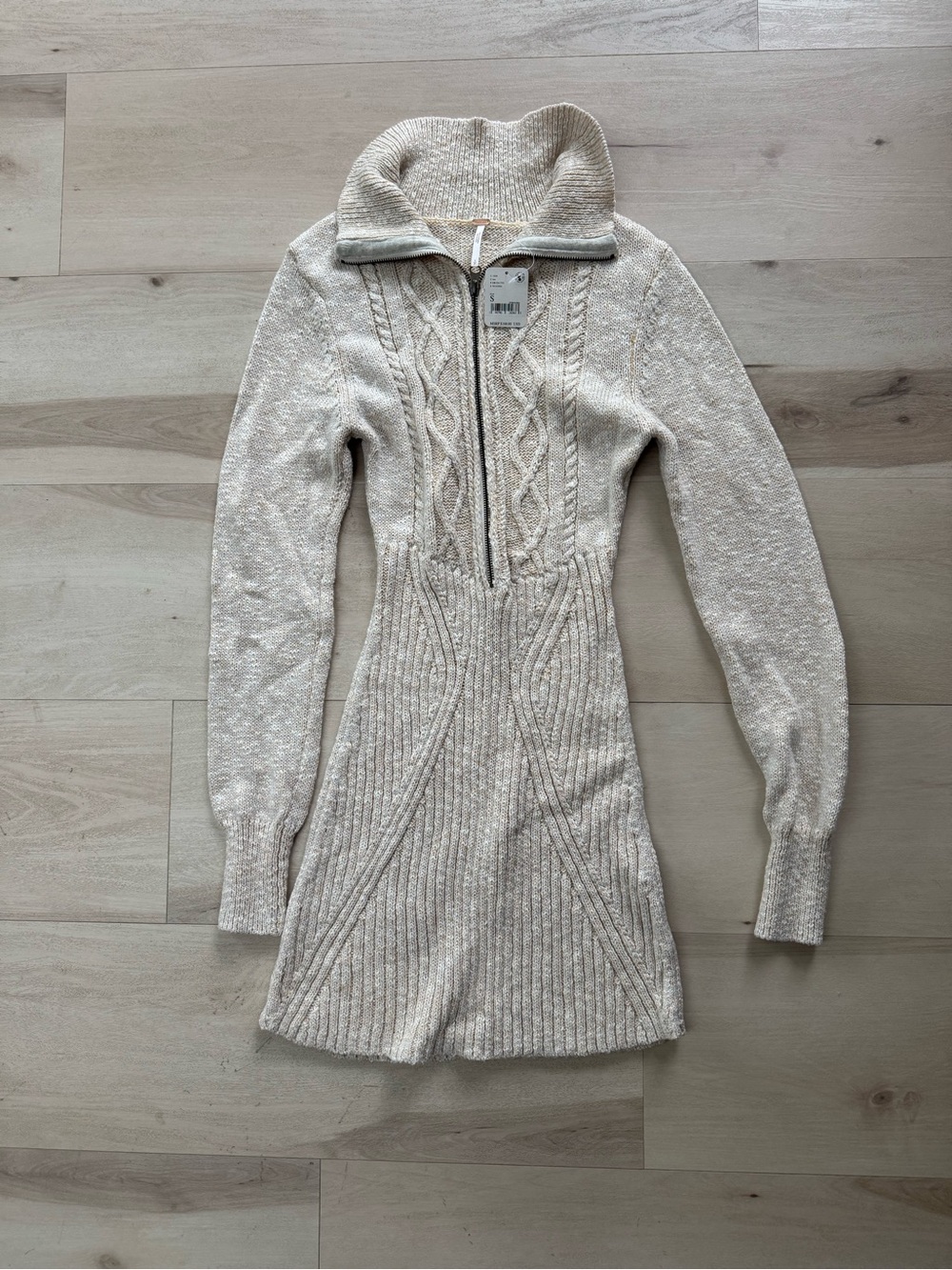 Free People Beige Cable-Knit Half-Zip Sweater Dress